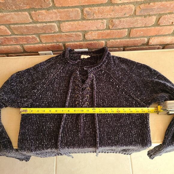 Chenille Crew Neck Sweater Top, Quarter Lace up Tunic - Picture 5 of 9